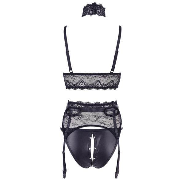 Ensemble soutien-gorge, porte jarretelles et culotte noir sexy 